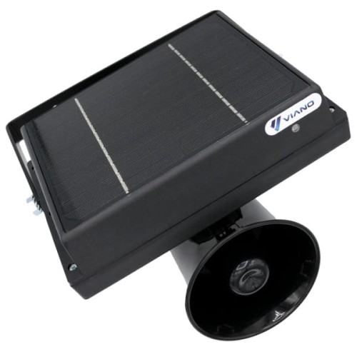 Dissuasore solare per uccelli VIANO 12V – vista generale con pannello solare e altoparlante