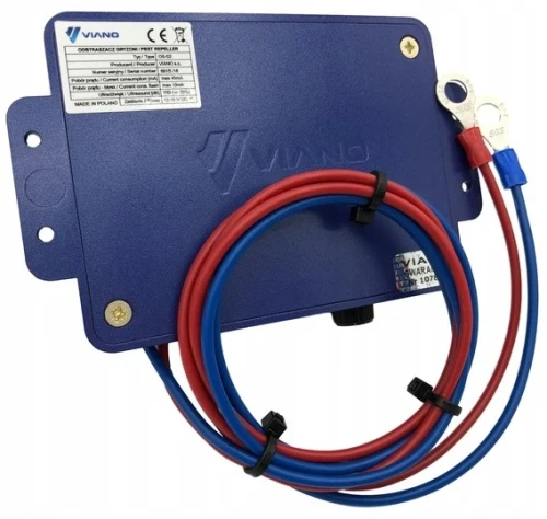 Repelente VIANO DUO-LED – vista traseira com etiqueta técnica e cabos