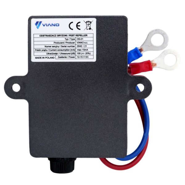 Typenschild des VIANO-Abwehrgeräts mit CE-Kennzeichnung - Made in Poland