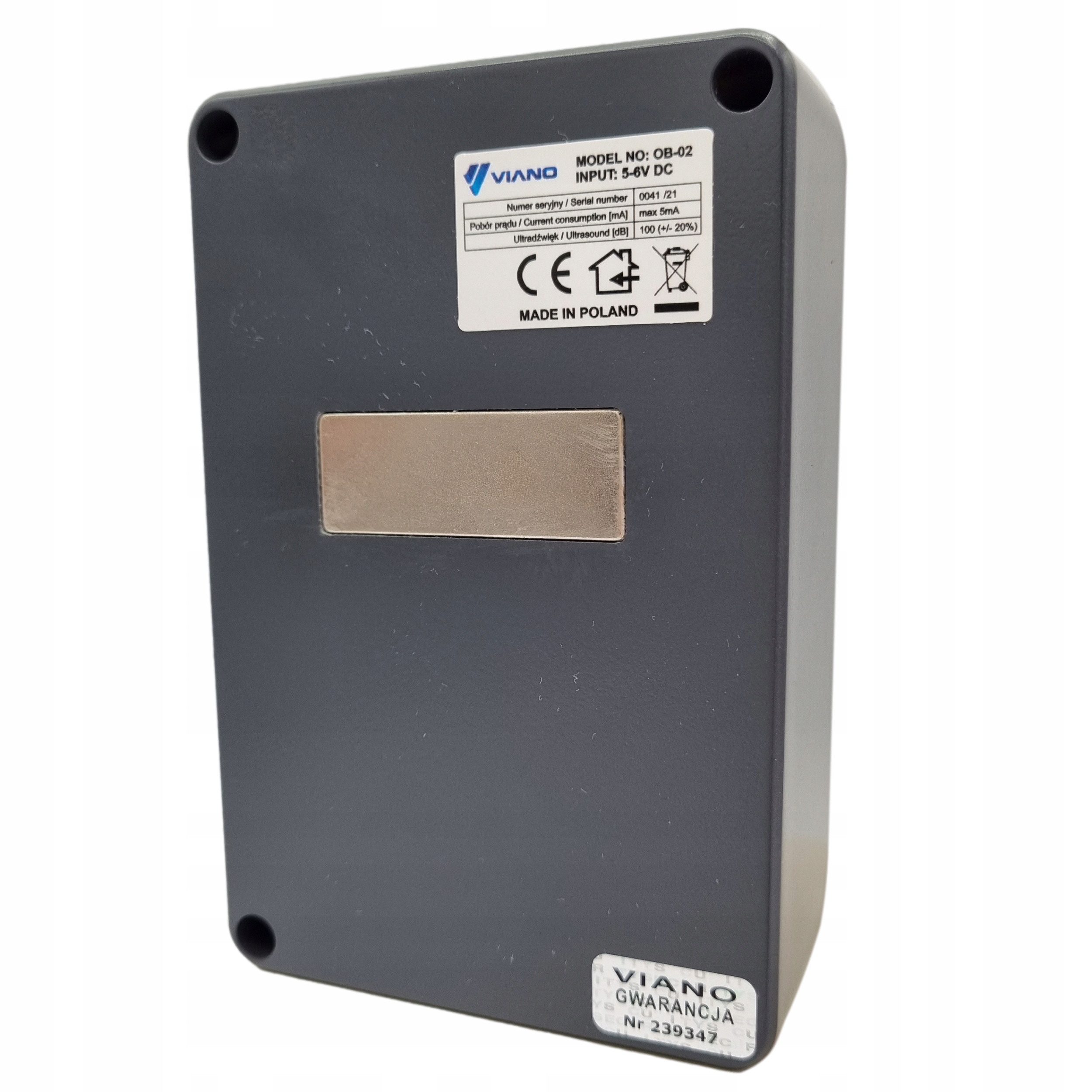 Rückseite des VIANO OB-02 Marderabwehr mit Herstelleretikett und Neodym-Magnet